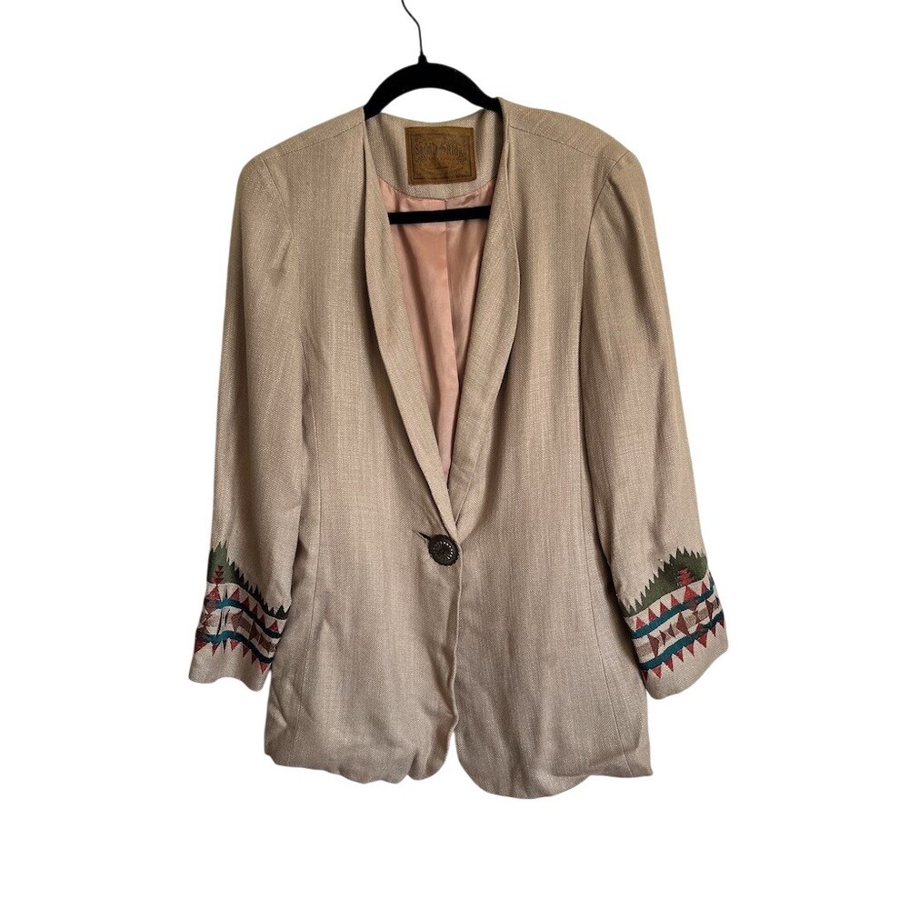 Saddle Ridge Blazer Jacket Womens L‎ Beige Southwestern Aztec Trim Vintage